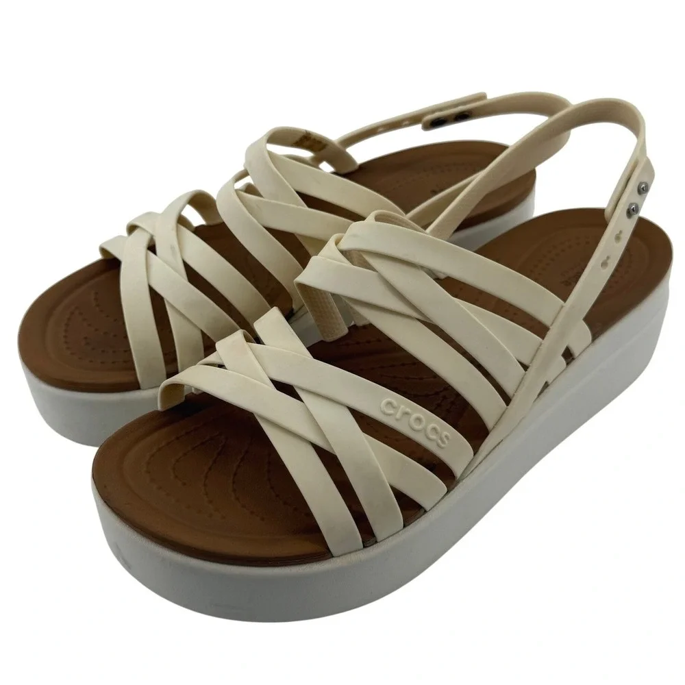 Crocs Brooklyn Strappy Low Wedge Sandal White Cream Tan Women 8 Y2K Comfort